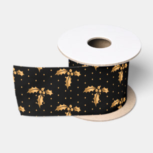 Gold and Black Christmas Holly Satin Ribbon