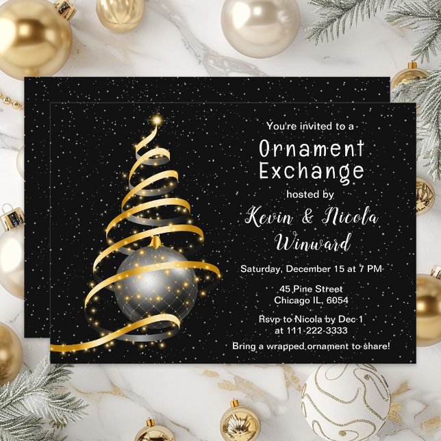 Gold and Black Christmas Ornament Exchange Invitation (Creator Uploaded)