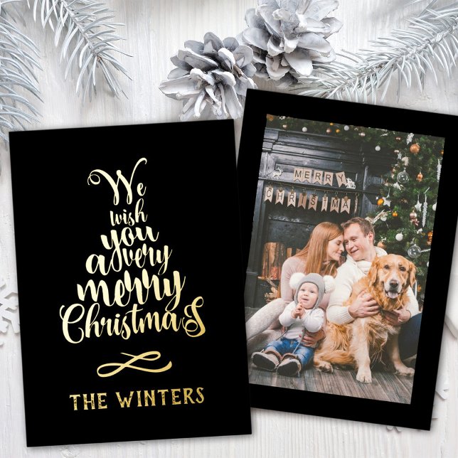 Gold and Black Christmas Tree Lettering Photo Foil Holiday Card (Creator Uploaded)