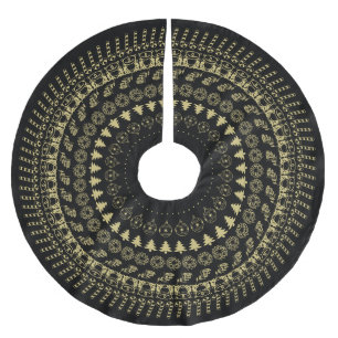 Gold and Black Circular Christmas Pattern Brushed Polyester Tree Skirt