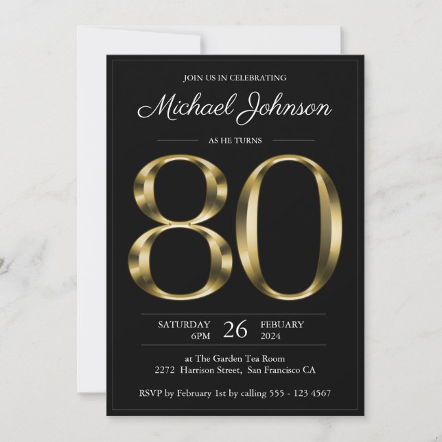 Gold and Black Classy 80th Birthday Party Invitation (Front)