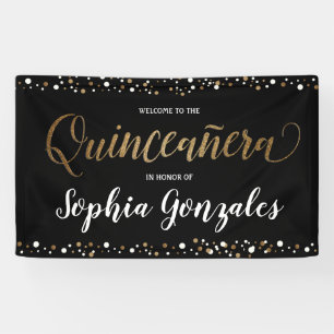 Gold and black confetti Quinceanera Birthday Banner