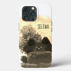 Gold and Black Cute Cartoon Hidden Fluffy Cat iPhone 13 Pro Case