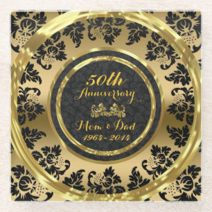 Gold And Black Damask. 50th Wedding Anniversary Glass Coaster