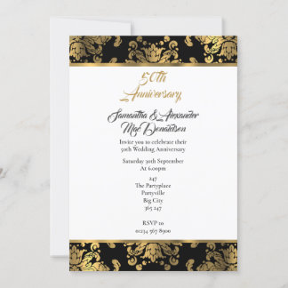 Gold and black damask 50th wedding anniversary invitation