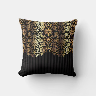 Gold and Black Damask and Stripes Throw Pillow