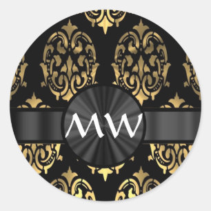 Gold and black damask classic round sticker