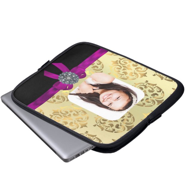 Gold and black damask laptop sleeve (Front Bottom)