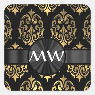 Gold and black damask monogrammed square sticker