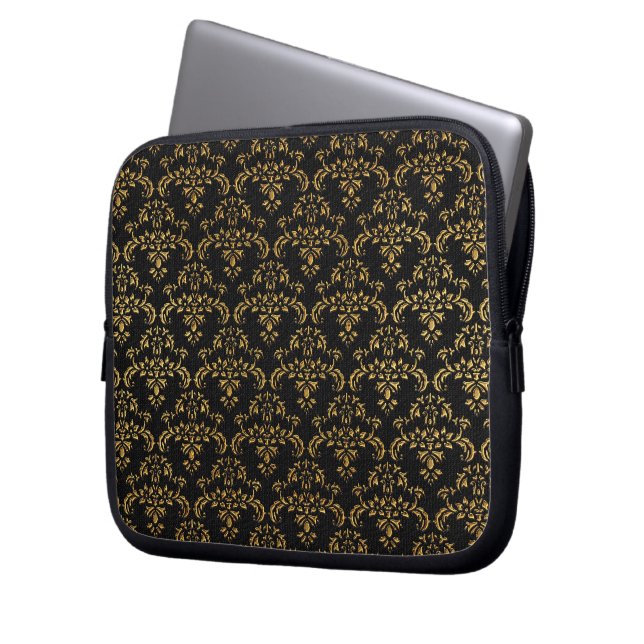 Gold and Black Damask Pattern Laptop Sleeve (Front Left)