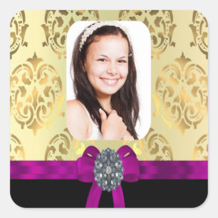 Gold and black damask square sticker