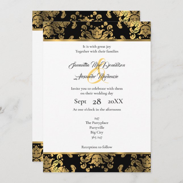 Gold and black damask wedding invitation (Front/Back)