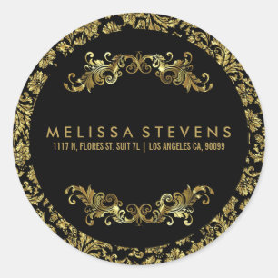 Gold And Black Damasks And Floral Frame Classic Round Sticker