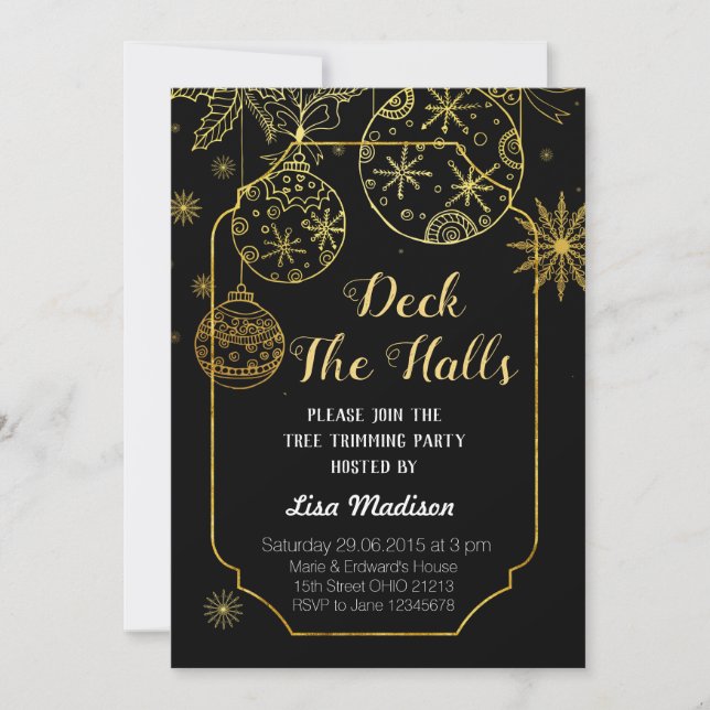 Gold and Black Deck The Halls Party Invitation (Front)