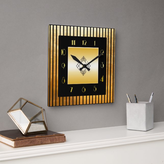 Gold and Black Deco Style Square Clock (Office)