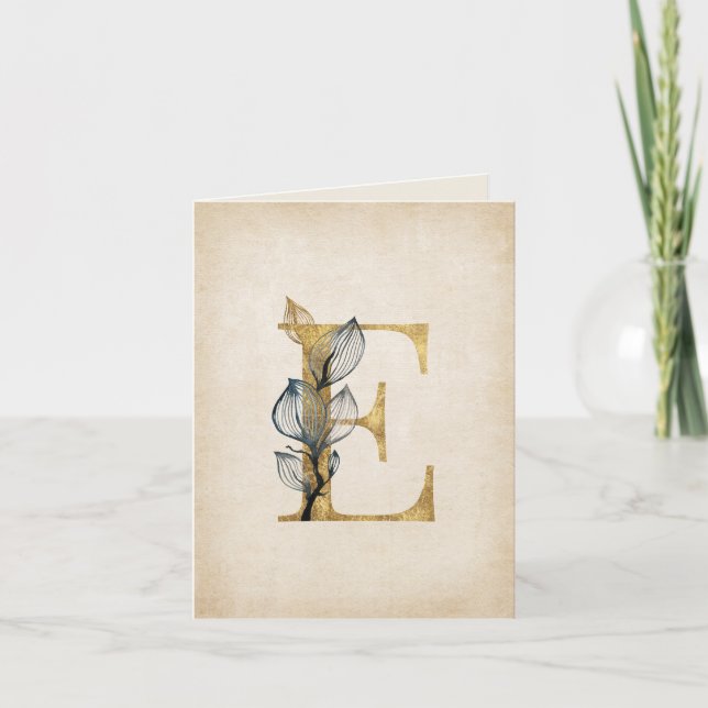 Gold and Black E Monogram With Leaves Note Card (Front)