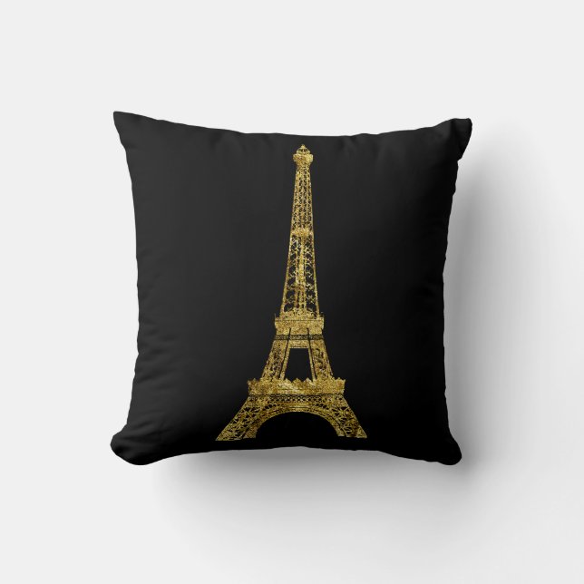 Gold and Black Eiffel Tower Throw Pillow (Front)