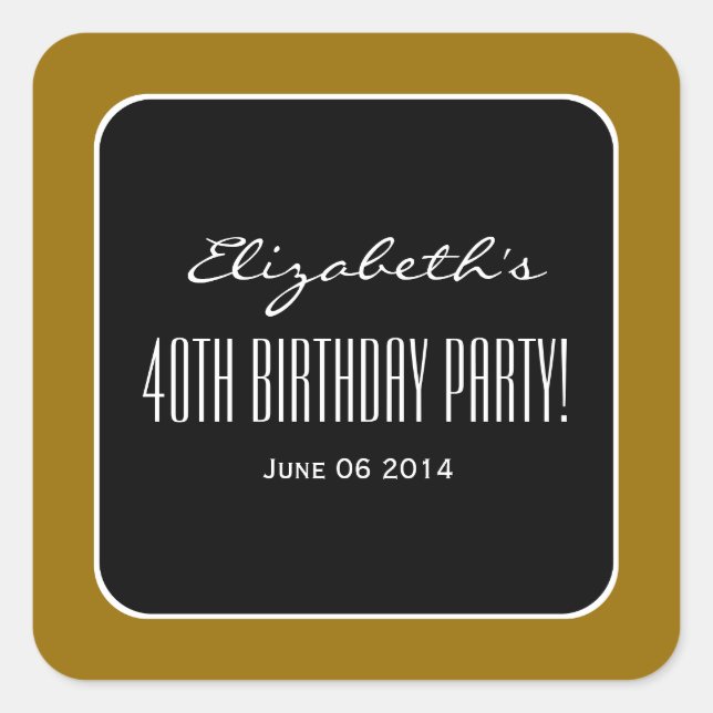 Gold and Black Elegant 40th Birthday Party V01 Square Sticker (Front)