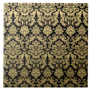Gold and Black Elegant Damask Pattern Tile
