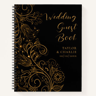 Gold and Black Elegant Floral Wedding Guest Book