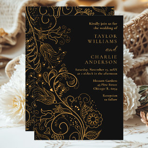 Gold and Black Elegant Floral Wedding Invitation