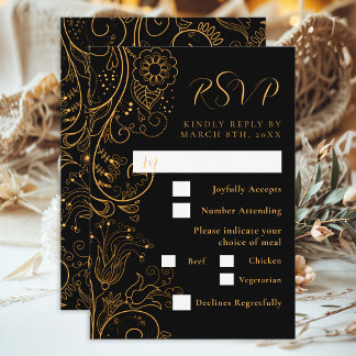 Gold and Black Elegant Floral Wedding Meal Choice RSVP Card