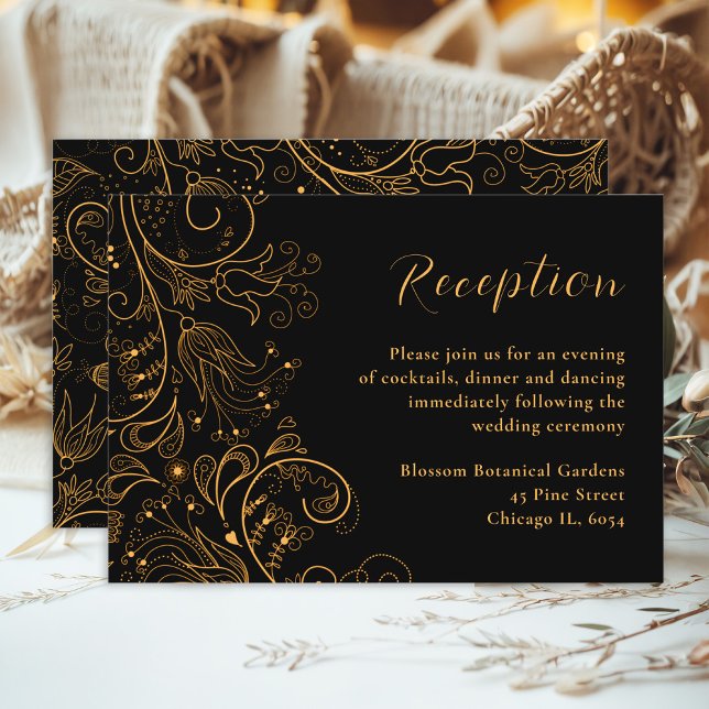 Gold and Black Elegant Floral Wedding Reception Enclosure Card (Creator Uploaded)