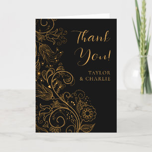 Gold and Black Elegant Floral Wedding Thank You Card