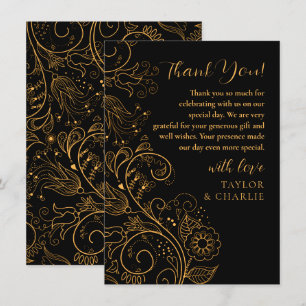 Gold and Black Elegant Floral Wedding Thank You Card