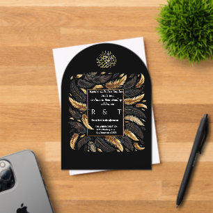 gold and black feathers wedding acrylic invitations