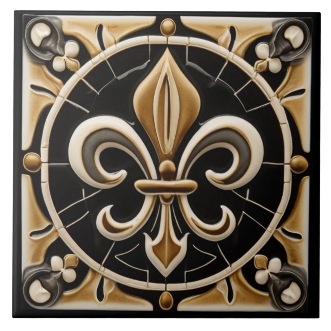 Gold and Black Fleur de Lis Faux Relief Tile (Front)
