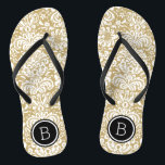 Gold and Black Floral Damask Monogram Flip Flops<br><div class="desc">Custom printed flip flop sandals with a stylish elegant floral damask pattern and your custom monogram or other text in a circle frame. Click Customize It to change text fonts and colours or add your own images to create a unique one of a kind design!</div>