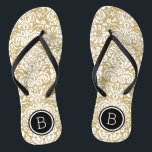 Gold and Black Floral Damask Monogram Flip Flops<br><div class="desc">Custom printed flip flop sandals with a stylish elegant floral damask pattern and your custom monogram or other text in a circle frame. Click Customize It to change text fonts and colours or add your own images to create a unique one of a kind design!</div>