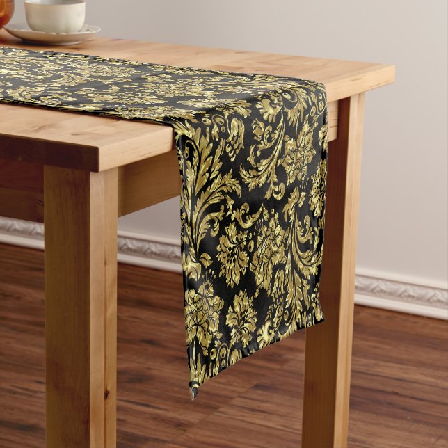 Gold And Black Floral Damask Pattern Short Table Runner (In Situ)
