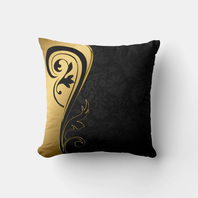 Gold and Black Floral Design Throw Pillow (Front)