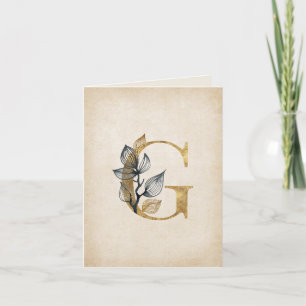 Gold and Black Floral G Monogram With Leaves Note Card