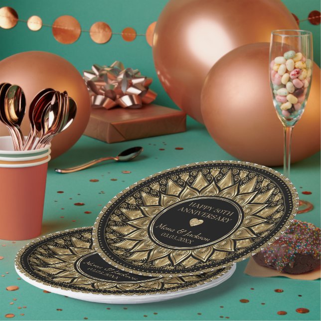 Gold And Black Floral Mandala Dinner Plate (Multi)