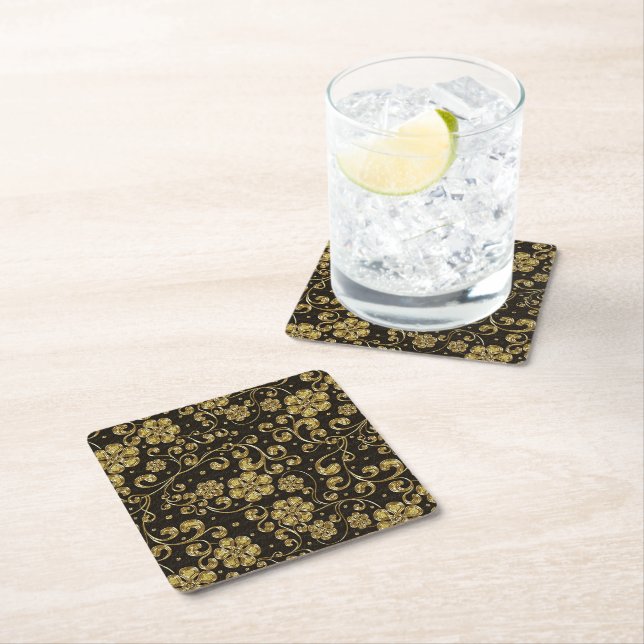 Gold and Black Floral Pattern Square Paper Coaster (Insitu)