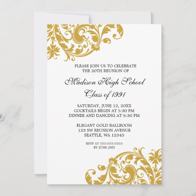 Gold and Black Flourish Class Reunion Invitation (Front)