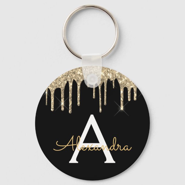 Gold and Black Girly Sparkly Glitter Monogram Keychain (Front)