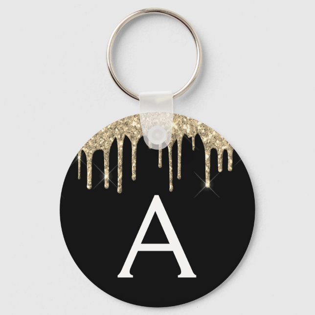 Gold and Black Girly Sparkly Glitter Monogram Keychain (Front)