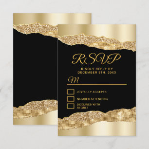 Gold and Black Glam Tears Sweet Sixteen RSVP Card