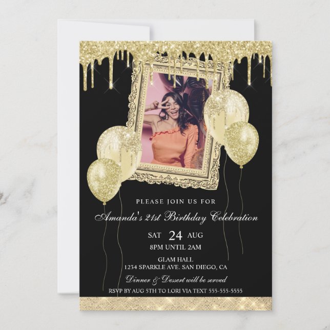 Gold and Black Glitter Drip Photo Frame Invitation (Front)