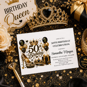 Gold And Black Glitter Luxe Fifty And Fabulous Inv Invitation