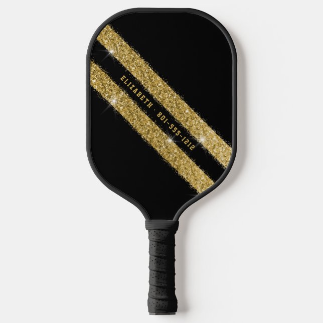Gold and Black Glitter Sport Stripe Personalized Pickleball Paddle (Front)