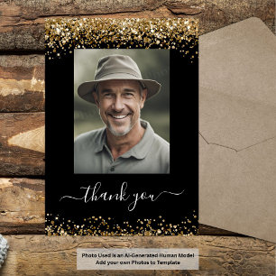 Gold and Black Glitter Thank You photo Card