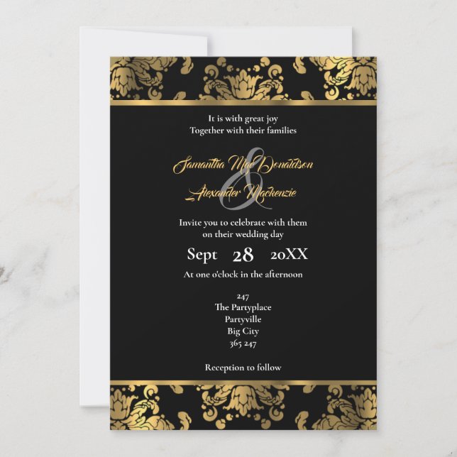 Gold and black gothic damask wedding invitation (Front)