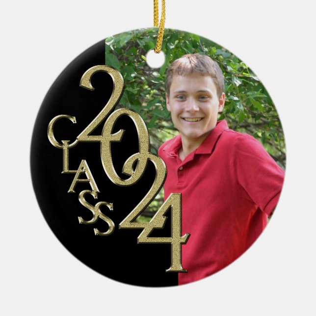 Gold and Black Graduation Class of 2024 Photo Ceramic Ornament (Front)