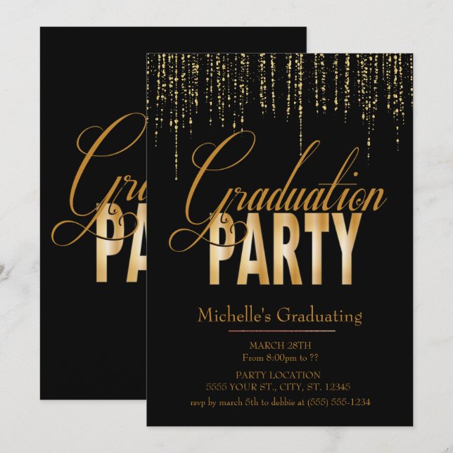 Gold and Black Graduation Party Invitations (Front/Back)