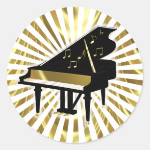 Gold and Black Grand Piano Music Notes Classic Round Sticker